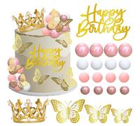 Gyufise 40Pcs Crown Cake Topper Balls Happy Birthday Cake Toppers Crown Birthday Candles Butterflies Corona para Pastel Cake Decorations for Wedding Baby Shower Party Decorations Gold Pink