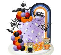 Gyufise 42Pcs Halloween Cake Decorations Set Pumpkin Witch Bear Cake Toppers Rainbow Ball Glitter Spider Net Bat Cupcake Picks for Halloween Theme Baby Shower Birthday Party Supplies Orange