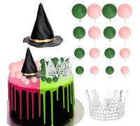 Gyufise 42Pcs Witch Theme Party Supplies Green and Pink Balloons Cake Topper Mini Balloons and Black Women Witch Hat for Birthday Cake Decoration