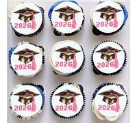 Gyufise 48Pcs Edible 2026 Graduation Cap Cupcake Toppers Wafer Paper Class of 2026 Grad Cap Cupcake Picks for 2026 Graduation Theme Party Cake Decorations Supplies Pink