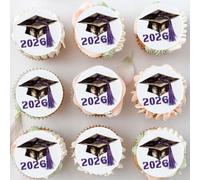 Gyufise 48Pcs Edible 2026 Graduation Cap Cupcake Toppers Wafer Paper Class of 2026 Grad Cap Cupcake Picks for 2026 Graduation Theme Party Cake Decorations Supplies Purple