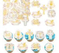 Gyufise 48Pcs Edible Baptism Cupcake Toppers Wafer Paper God Bless Cross Cupcake Picks First Holy Communion Christening Confirmation Religious Cupcake Picks for Baptism Party Decorations Pink