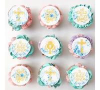 Gyufise 48Pcs Edible Baptism Cupcake Toppers Wafer Paper God Bless Cross Cupcake Picks First Holy Communion Christening Confirmation Religious Cupcake Picks for Baptism Party Decorations Blue