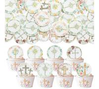 Gyufise 48Pcs Edible Floral Happy Easter Cupcake Toppers Wafer Paper God Bless Cupcake Picks Edible Easter Bunny Cupcake Decors for Easter Theme Baby Shower Birthday Party Supplies