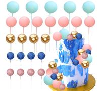 Gyufise 50Pcs Ball Cake Topper Sticks Mini Balloons Cake Decoration Foam Balls Cake Toppers for Gender Reveal Baby Shower Birthday Party Supplies Blue Pink