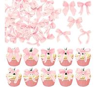 Gyufise 50Pcs Edible Pink Bowknot Cupcake Toppers Wafer Paper Bowknot Cake Dessert Picks Drink Topper Baby Shower Princess Cupcake Toppers for Birthday Party Decoration Supplies
