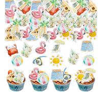 Gyufise 50Pcs Edible Summer Beach Cupcake Toppers Wafer Paper Ball Sun Diving Goggles Cupcake Picks Edible Summer Cake Toppers for Hawaii Theme Birthday Party Supplies Multi