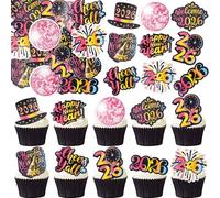 Gyufise 54Pcs Edible 2026 Happy New Year Cupcake Toppers Edible Rice Paper Firework Clock Hello 2026 Cheers to 2026 Cupcake Picks Women Men Birthday Party Anniversary Decorations Supplies Red