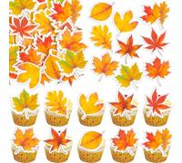 Gyufise 54Pcs Edible Edible Fall Leaves Cupcake Toppers Wafer Paper Autumn Maple Leaves Cupcake Picks Decorations for Thanksgiving Baby Shower Birthday Party Supplies