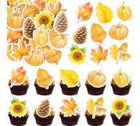 Gyufise 54Pcs Edible Fall Cake Decorations Wafer Paper Sunflower Fall Leaf Pumpkin Cupcake Toppers Autumn Cake Decors for Baking Food Thanksgiving Party Supplies