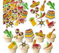 Gyufise 54Pcs Edible Fiesta Cupcake Toppers Water Paper Cactus Donkey Maraca Sombrero Pepper Guitar Cupcake Picks for Mexican Fiesta Theme Baby Shower Birthday Party Cake Decorations Supplies Multi 1