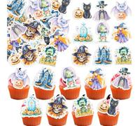 Gyufise 54Pcs Edible Halloween Cupcake Toppers Wafer Paper Pumpkin Skull Ghost Cake Decorations Trick or Treat Cupcake Picks for Halloween Theme Party Birthday Decor Supplies Purple Black
