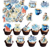 Gyufise 54Pcs Edible Happy Father's Day Cupcake Toppers Wafer Paper Guitar Love Dad Cake Toppers Edible Best Dad Ever Cupcake Picks for Father Day Theme Birthday Party Cake Decorations Light Blue