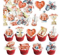Gyufise 54Pcs Edible Happy Father's Day Cupcake Toppers Wafer Paper Moto Camera Love Dad Cake Toppers Edible Best Dad Ever Cupcake Picks for Father Day Theme Birthday Party Cake Decorations Red