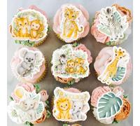 Gyufise 54Pcs Edible Jungle Safari Animal Cupcake Toppers Floral Lion Giraffe Elephant Monkey Cupcake Picks for Baby Shower Kids Safari Animal Wildlife Party Supplies Green Gray