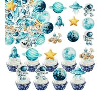 Gyufise 54Pcs Edible Space Astronaut Cupcake Toppers Edible Rice Paper Round Christmas Cake Topper Women Men Birthday Party Anniversary Party Decorations Supplies Blue