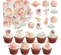 Gyufise 54Pcs Edible Space Astronaut Cupcake Toppers Edible Rice Paper Round Christmas Cake Topper Women Men Birthday Party Anniversary Party Decorations Supplies Pink