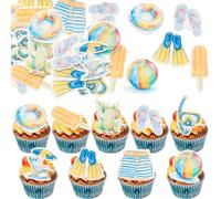 Gyufise 54Pcs Edible Summer Beach Cupcake Toppers Wafer Paper Ball Sun Umbrella Slippers Cupcake Picks Hawaiian Cake Decorations for Summer Pool Themed Party Decor Dark Blue