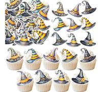 Gyufise 54Pcs Edible Witch Hat Cupcake Toppers Wafer Paper Halloween Hat Cake Decorations Witch Magic Cupcake Toppers for Halloween Eve Theme Party Birthday Decor Supplies Orange Black