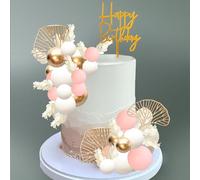 Gyufise 57Pcs Balls Cake Topper Boho Grass Cake Topper Pearl Balls Acrylic Happy Birthday Cake Decorations for Wedding Baby Shower Birthday Boho Themed Party Supplies Pink