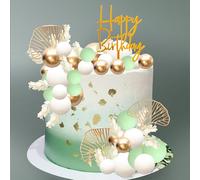 Gyufise 57Pcs Balls Cake Topper Boho Grass Cake Topper Pearl Balls Acrylic Happy Birthday Cake Decorations for Wedding Baby Shower Birthday Boho Themed Party Supplies Green