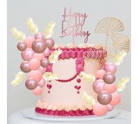 Gyufise 57Pcs Balls Cake Topper Boho Grass Cake Topper Pearl Balls Acrylic Happy Birthday Cake Decorations for Wedding Baby Shower Birthday Boho Themed Party Supplies Rose Gold Pink