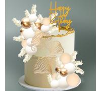 Gyufise 57Pcs Khaki Balls Cake Topper Boho Grass Cake Topper Pearl Balls Acrylic Happy Birthday Cake Decorations for Wedding Baby Shower Birthday Boho Themed Party Supplies Khaki White Gold
