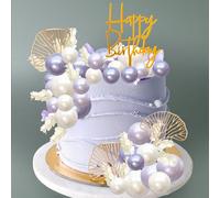 Gyufise 57Pcs Purple Balls Cake Topper Boho Grass Cake Topper Pearl Balls Acrylic Happy Birthday Cake Decorations for Wedding Baby Shower Birthday Boho Themed Party Supplies Pearl Purple