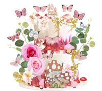 Gyufise 60 Pack Fairy Cake Toppers Butterfly Cake Picks Mushroom Door Flowers Cake Decoration Fairy Garden Topper for Girl Party Birthday Baby Shower Supplies Pink