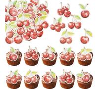 Gyufise 60Pcs Edible Cherry Cupcake Toppers Fruit Theme Summer Cherry Cupcake Picks for Kid Baby Shower Party Decorations Boy Girl Birthday Cake Decorations Supplies Red