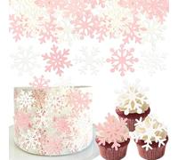 Gyufise 60Pcs Edible Snowflake Cupcake Toppers Winter Cupcake Picks Snowflake Wafer Paper Winter Frozen Theme Baby Shower Kids Birthday Cake Decorations Party Supplies Pink White
