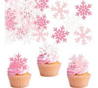Gyufise 60Pcs Edible Snowflake Cupcake Toppers Winter Cupcake Picks Water Paper Winter Frozen Cake Decorations for Snowflake Theme Baby Shower Kids Birthday Party Supplies Light Pink White