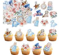 Gyufise 63Pcs Edible Alice Wonderland Cupcake Toppers Tea Party Cake Decorations Edible Butterfly Flower Bowl Key Clock Eat Me Cupcake Picks for Tea Party Baby Shower Birthday Party Supplies Red