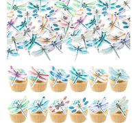 Gyufise 63Pcs Edible Dragonfly Cupcake Toppers Wafer Paper Insect Birthday Garden Party Cake Decorations Picks for Baby Shower Wedding Birthday Party Supplies Purple Green Blue
