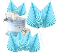 Gyufise 6pc Paper Palm Fan Cake Toppers - Palm Leaf Fan & Spear Leaf Cupcake Toppers - Cake Insert Decoration for DIY Craft Projects, Home, Wedding & Party Supplies - Lake Blue