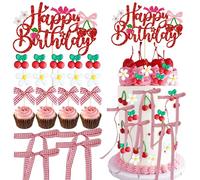 Gyufise 81Pcs Cherry Bow Cake Decorations Set Happy Birthday Cake Topper Flower Cherry Cupcake Toppers Ribbon Bow Decorations for Baby Shower Wedding Bridal Shower Birthday Party Supplies Pink