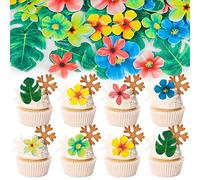 Gyufise 83Pcs Edible Tropical Palm Leaves Flowers Cupcake Toppers Palm Leaf Mini Flowers Cupcake Picks Hawaii Theme Cake Decorations for Jungle Summer Party Supplies