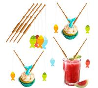Gyufise 8Pcs Mini Fish Pole Cake Topper Decorations Little Fisherman Cupcake Toppers Fishing Pole Picks Mini Cupcake Picks for Birthday Party Tropical Party Appetizer Cake Decoration Supplies