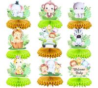 Gyufise 9 Pack Safari Animal Honeycomb Table Centerpieces Decorations Jungle Animal Party Table Toppers for Kids Birthday Aloha Party Supplies Green Brown