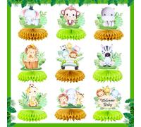 Gyufise 9 Pack Safari Animal Honeycomb Table Centerpieces Decorations Jungle Animal Party Table Toppers for Kids Birthday Aloha Party Supplies Green Brown