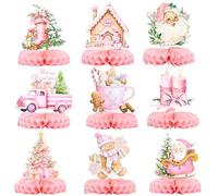 Gyufise 9Pcs Christmas Honeycomb Centerpieces Pink Santa Claus Gingerbread Man Honeycomb Decor Xmas 3D Table Decoration for Holiday Birthday Baby Shower Party Supplies