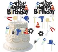 Gyufise 9Pcs Tools Happy Birthday Cake Topper with Wrench Hammer Mechanic Repair Tools Construction Cupcake Toppers for Retirement Repairman's Birthday Party Cake Decorations Black