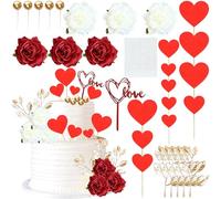 Gyufise Happy Valentine's Day Cake Toppers Red Heart Cupcake Decorations Artificial Roses Foam Ball Cake Toppers for Wedding Anniversary Engagement Supplies Red White