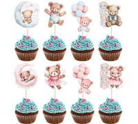 Gyufise Moon Bear Cupcake Toppers - 32 Pcs, Jungle Animal Theme Baby Shower & Birthday Party Cake Supplies - Blue & Pink