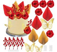 Gyufise Red Rose Cake Decorations Winter Red Fruit Cake Topper Butterfly Palm Leaf Cake Decorations for Christmas Valentines Day Birthday Party Supplies Red Gold