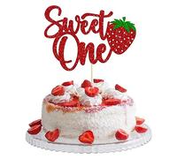 Gyufise Strawberry 1st Birthday Cake Topper Glitter Sweet One First Birthday Cake Pick Decoration for Sweet Fruit Theme Baby Shower Kids Party Supplies Red