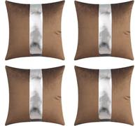 Gyulin Pack of 4,18x18 Inch Velvet Throw Pillow Covers with Silver Leather Striped Patchwork Stitching Modern Minimalist Square Pillowcase Cushion Covers for Bedroom Sofa Couch Living Room,Brown