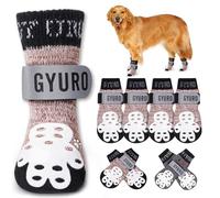 GYURO 4-Sided Anti Slip Dog Socks Paws Stop Licking with Adjustable Reflective Strap - Indoor Paw Protection, Traction Control & Anti-Licking Design for Hardwood Floors & Grip Safety (Khaki, L)