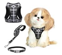 Gyuzh No Pull Dog Harness - 3-in-1 Step in Harness Collar Leash Set for Small Dog Walking & Training, Petsafe Easy Walk Style, Lightweight Plaid Vest (Black, M)