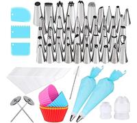 Gyvazla 75pcs Pastry Nozzles with Silicone Pouch, Disposable Plastic Piping Bags, Couplers, Flower Nails, Brush, Cakecups, Scrapers